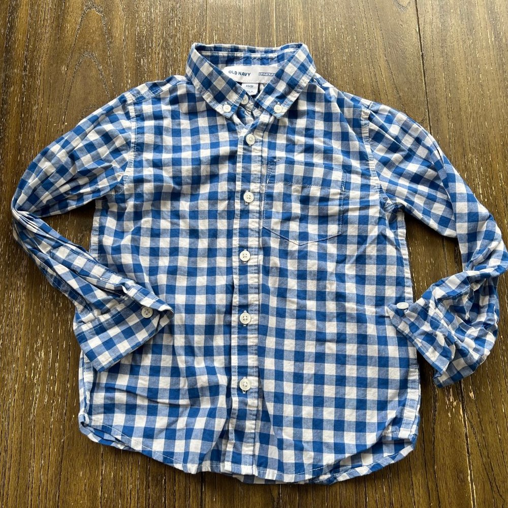 Boys Old Navy White/blue plaid button down shirt dress size XS 5